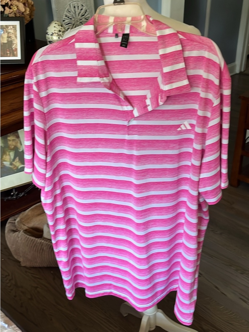 adidas Pink and White Striped Golf Polo